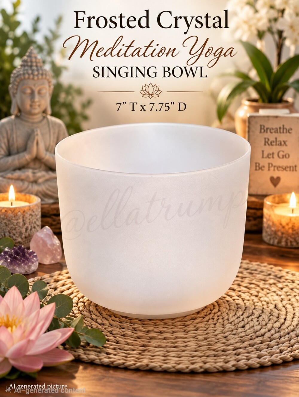 Frosted Crystal Singing Meditation Yoga Bowl 7" Tall x 7.75" Diameter